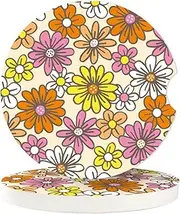 Vintage Hippie Daisy Sunflower Absorbent Car Cup Coasters,Cup Holders,Cork Base Drink Coasters with Finger Notch for Easy Move of Car Cup Holder for Women Men 2.6"(2 Pieces)