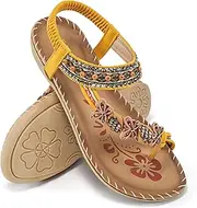 [Ablanczoom] Womens Sandals Flat Bohemia Style Gem Owl Beaded Clip Toe Flip Flop Casual Summer Shoes