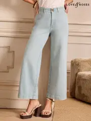 Love & Roses Light Blue Wash Double Button Waistband Crop Wide Leg Jeans (AK2212) | $111