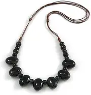[Avalaya] Black Oval/Round Ceramic Bead Brown Silk Cords Necklace 60-70cm L/Adjustable, ceramic cords