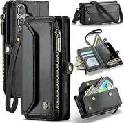 Dteck for iPhone 16 Flip Wallet Case 6.1" 2024 with Shoulder Strap/Wrist Lanyard, 7 RFID Blocking Card Slots/2 Pockets, Magnetic Closure, PU Leather Solid Lightweight Protective Stand Case, Black