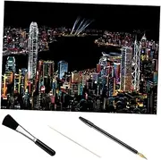 1 Set Scratch Painting Accessories City Night Picture Scratch Paper Bamboo Rod Pen Brush Kit
