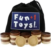 Fun+1 Toys! Classic Wood Checkers Stackable Pieces - Set of 26 Total Checkers Pieces in a Velvet Drawstring Storage Pouch. Each Piece 1.25-Inch Wide and in Brown/Natural Colors.
