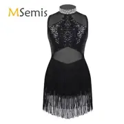 Kids Girls Shiny Rhinestone JazzDance Dress Decorated Collar Sequins Mesh Tassel