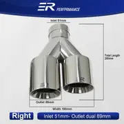 Exhaust Tip Car modify Double Outlet Exhaust Pipe Nozzle Decoration Stainless tail Pipes Muffler Right In51-Out 89mm
