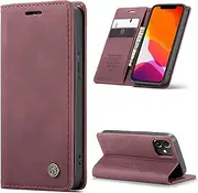 [ELEPIK] for iPhone 12 Case with Card Holder, Kickstand [2 Card Holder + 1 Cash Slot] [for Women & Men] [Durable PU Leather] Magnetic Wallet Phone Cover for iPhone 12, Elegant Red