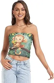 [RPLIFE] Cute Cartoon Monkey Green Leaves Crop Tube Top, Strapless Top for Women Summer, Sheer Tube Tops, Trendy Crop Tops (S)