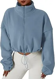 [Muchpow] Women's Full Zip Fleece Short Jackets Casual Winter Long Sleeve Stand Collar Sherpa Crop Coat
