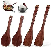 4 Wooden Long Handled spatulas, Non Thermal and Non Stick Pans, Restaurant stir Fry Pans and Tableware (Brown, One Size)