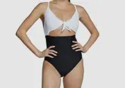 $88 Speedo Women's Black White Front & Back Tie One Piece Swimsuit Swimwear Sz 4