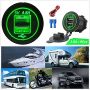 4.8A 2-USB Port Green LED Display Car Marine Charger Socket Power Outlet 12-24V