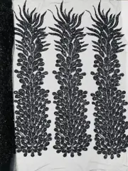 3D Bead Peacock Feathers - Black - Vegas Sequins Design Fabric By Panel