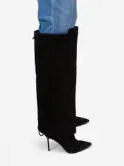 Black Suede Fold Over Heeled Boots