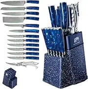 FULLHI 8/14pcs Block Knife Set,Chef's Knves Set with Block and Sharpener, Kitchen Knife Set,Multi-Colour Handle, Gifts for Men Women (Blue Resin, 14PCS)