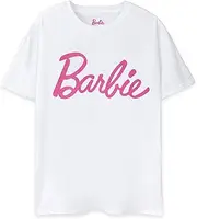 [Barbie] Women's Pink Classic Logo Short Sleeve T-Shirt in White | Iconic Brand | Fashionable Design Top for Ladies | Comfortable Fit Retro Tee Movie Merchandise Gift