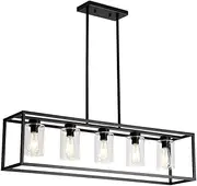 USOR 5 Lights Chandelier Hanging Light Fixture Morden Rectangle Pendant Lights with Clear Glass Shade Fashionable Ceiling Light for Dining Room Kitchen Island Black Color