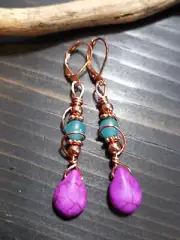 UNIQUE PURPLE HOWLITE BRIOLETTE BEAD/OCEAN JASPER/COPPER WIRE WRAP EARRINGS