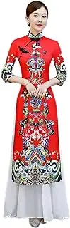 [REDBMX] Traditional Chinese Women Short Sleeve Aodai Dress Autumn Satin Mandarin Collar Qipao Sexy A-Line Loose Cheongsam