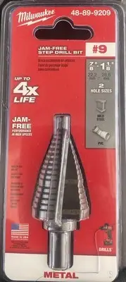 Milwaukee #9 Jam-Free Step Drill Bit, 2 Hole Sizes: 7/8” and 1-1/8” 48-89-9209