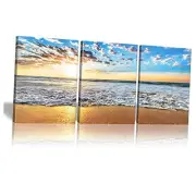 Sunrise Beach Canvas Wall Art, Blue Sky and White Clouds Ocean Poster Framed,