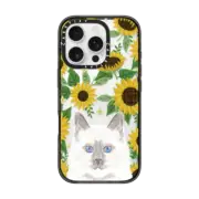 iPhone 16 Pro Impact Case Fluffy White Cat sunflowers floral sunflower pattern cell phone clear case transparent pet friendly gifts