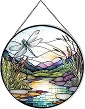 Payutou River and Dragonfly Pattern Suncatcher Stained Glass,Hanging Stained Glass for Windows,20cm/7.87inch Hand-Painted Sun Catcher Garden Hangings Painted Glass Panel Decor Themed Gift