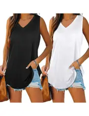 Womens V Neck Flowy Sleeveless Tank Tops - 2 Pack - Black and White