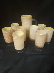Vintage MCM Hand Blown Set Of 8 Glasses And Pitcher. Tan/Peach