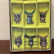 Pier 1 Jeweled Owls Wine Glass Charms set of 6 NIB