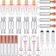 30 Pieces Lip Gloss Tube Tool Set, Include 20 Pencil Ice-cream Lollipop Candy Shaped Empty Lip Gloss Tubes, 5 Clear Lip Balm Containers with Rose Gold Cap and 5 Plastic Syringe for Women Girls DIY, Rose Gold