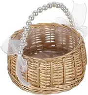 GLEAVI Wedding Flower Girl Basket Storage Rustic Handwoven Wicker Rattan with Pearl Handle and Ribbon Bow & Plastic Liner for Birthday Party Garden Easter Sweets Home Decor