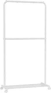 SONGMICS Clothes Rack with Wheels, 35.8 Inch Double-Rod Garment Rack, Clothing Rack for Hanging Clothes, with Dense Mesh Storage Shelf, 44 lb Load Capacity, 2 Brakes, Steel Frame, White UHSR027W01