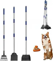 Dog Poop Scooper Set, Pet Poop Pick Up Scooper, 3 Pcs Adjustable Long Handle with Metal Tray, Rake and Spade for Pet Waste Removal, No Bending Clean Up Dirt, Gravel, Lawns, Grass