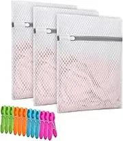 12x16 Inches Medium Honeycomb Mesh Laundry Bag Durable Reusable Delicate Organizer Bags 3 Pack with 12 Plastic Clothes Pegs Clothespins Colored Laundry Clips Pins Hangs Clothing