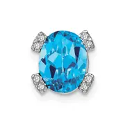 14k White Gold Oval Blue Topaz and Real Diamond Chain Slide