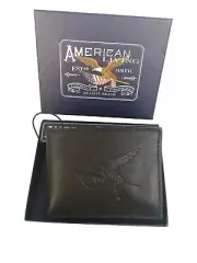 Vtg Men's Leather Billfold Wallet Passcase Embossed Eagle Flag New USA Black