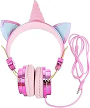 HOMSFOU Adorable Cartoon Cat Ear Unicorn Horn Headphones for Boys and Girls Adults Wired Headset Microphone Comfortable Over Ear Design