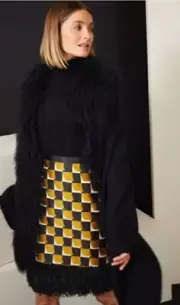 New Etcetera Collection Women Quant Gold & Blk Check Skirt Chiffon Feathers SZ 2
