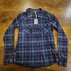 Fossil Blue Purple plaid, western style Semi Sheer Shirt pearl snaps Sz M NWT