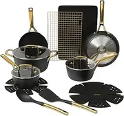 [Oster] Premium Abbottsford 16 Piece Aluminum Pots and Pans PFA Free Ceramic Non Stick Induction Kitchen Cookware Set - Black W/Gold
