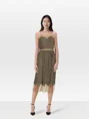 2016 Gold Metallic Pleated Lace Detail Dress