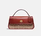 COACH Signature Canvas Turnlock Clutch Bag Medium Beige Leather Handbag NEW