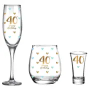 3pc LMD 40th Birthday Champagne/Stemless/Shot Glass Drinkware Set Clear