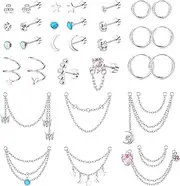 [Kakonia] 33Pcs Stainless Steel Cartilage Earrings Set CZ Moon Star Heart Butterfly Flatback Helix Stud Earrings Small Huggie Hoop Earring Chain Dangle Tragus Cartilage Helix Piercing Jewelry 20G