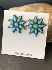 Blue Turquoise Cluster Navajo Sterling Silver Stud Post Earrings 12303