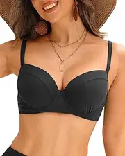[Tempt Me] Underwire Push Up Bikini Top - Women Swimsuit Tops Bathing Suit Bra Top Only, Black, Medium