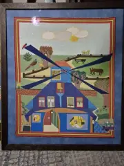 Hand Stitched One Of Kind "Farmhouse" Fine Art Piece In Wood Frame