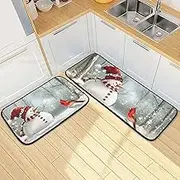 XYMZR Kitchen Mat Bird Christmas Snowman for Floor, 2 Piece, Non Slip Washable Kitchen Rugs for Kitchen & Home Decor, Sink, Bathroom 19.7” x 27.6” + 19.7” + 47.2”