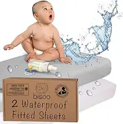 Bisoo 30 x 75 cm Waterproof Fitted Sheet for Prams, Bassinets, Moses Baskets, Pram Mattress Cover, 2-in-1 Fitted Sheet, Mattress Protector, 100% Cotton Jersey, Oeko-Tex, Set of 2, White + Grey