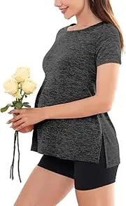 [PARNIXS] Women's Maternity T-Shirt Short Sleeve Split Side Pregnancy Tops Maternity Clothes